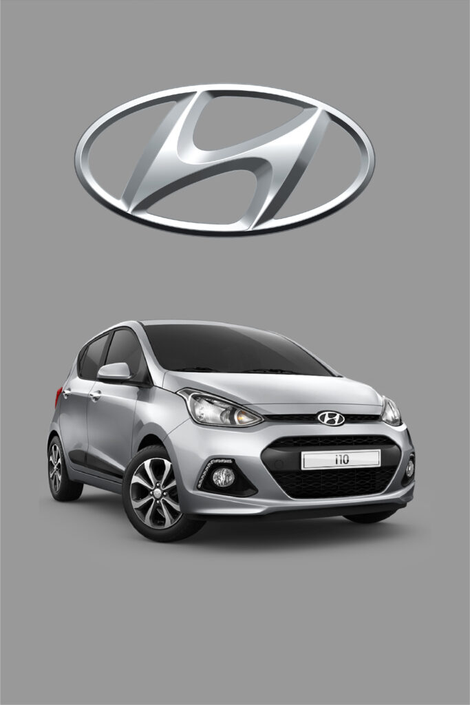 Image of a Hyundai i10 with the Hyundai Logo on top of it